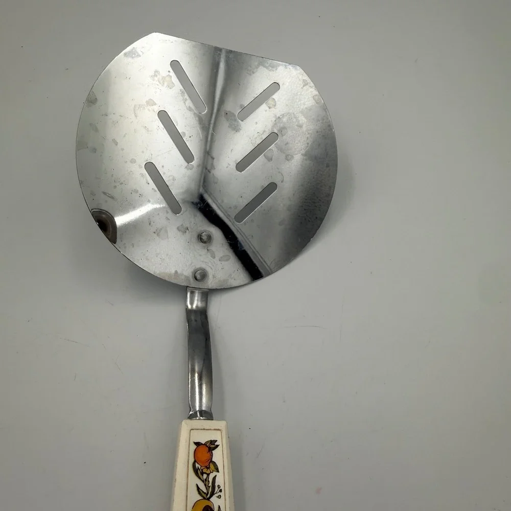 Vintage Stainless Steel Slotted Spatula Turner Fruit Vegetable Pattern Handle